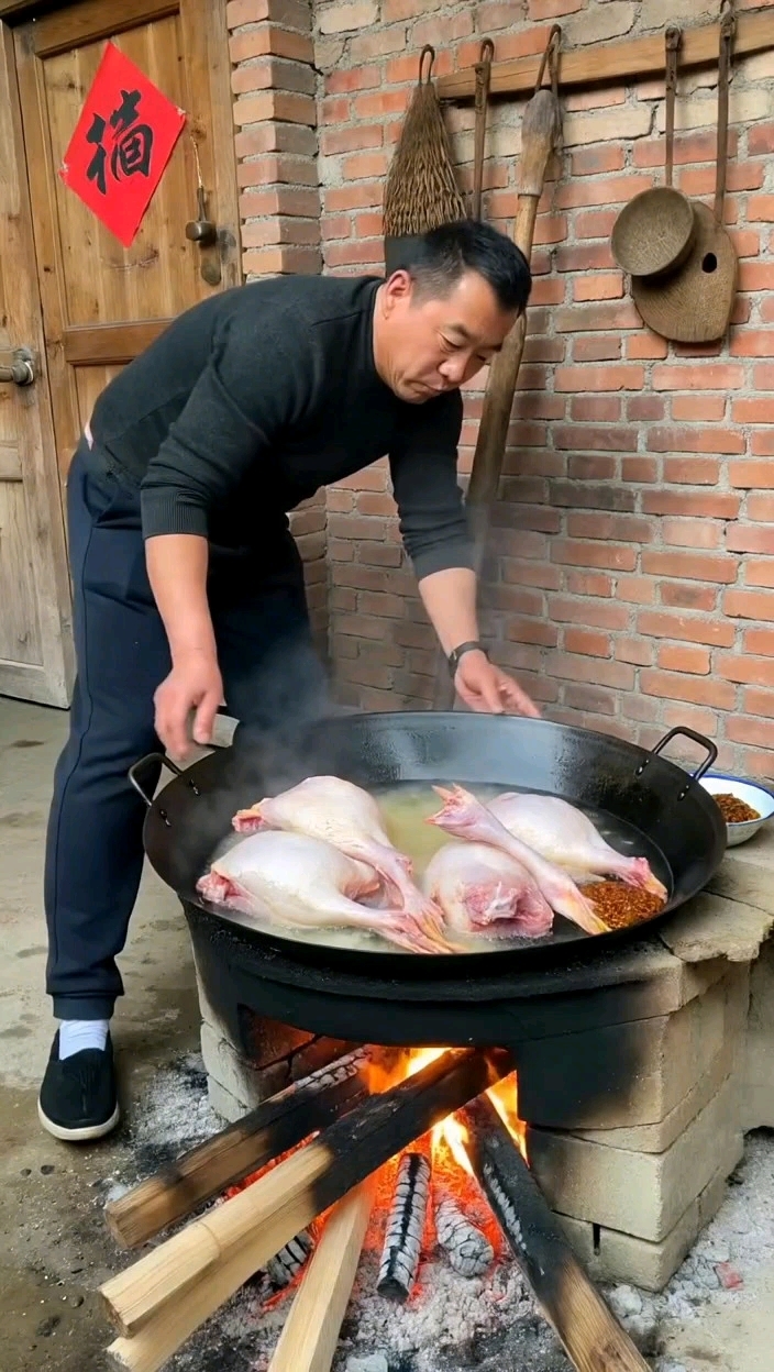 柴火地锅炖大鹅