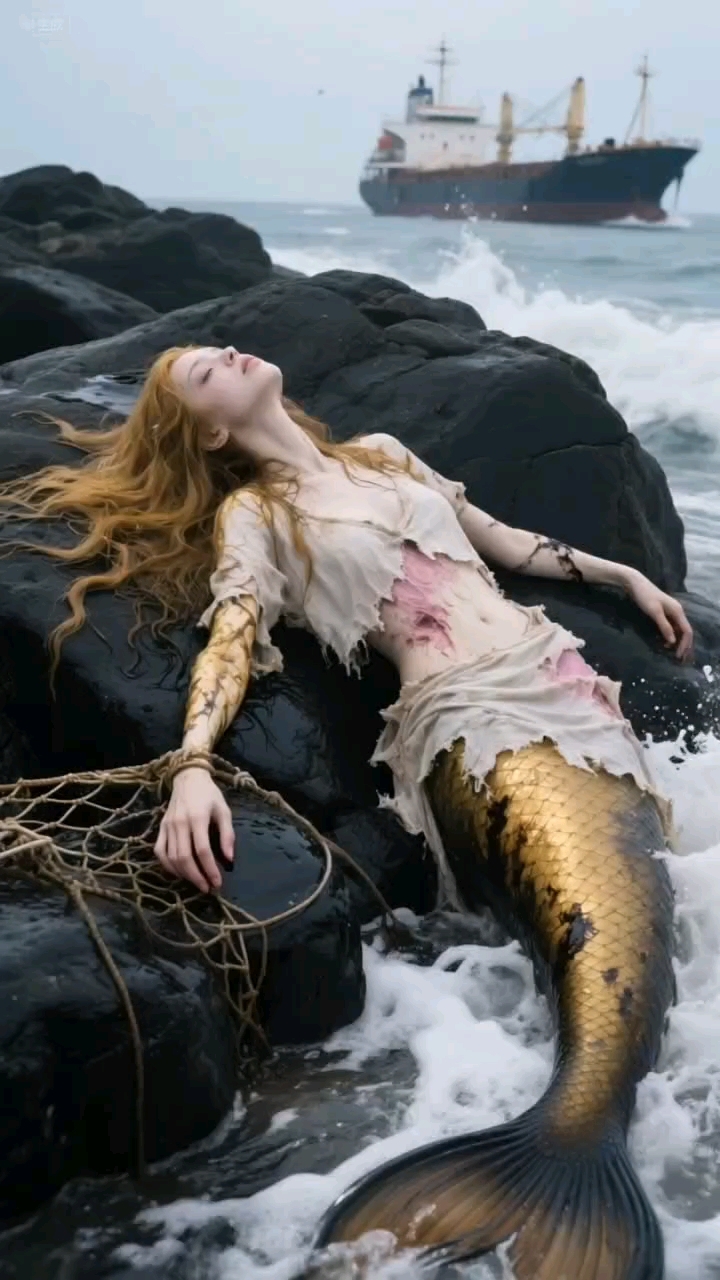 礁石滩上,一只美人鱼衣服破烂不堪的躺在石头上。