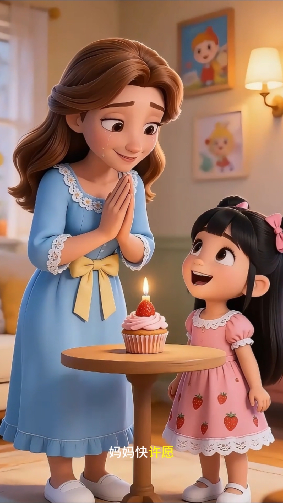 小女孩拿储钱罐给妈妈买生日蛋糕