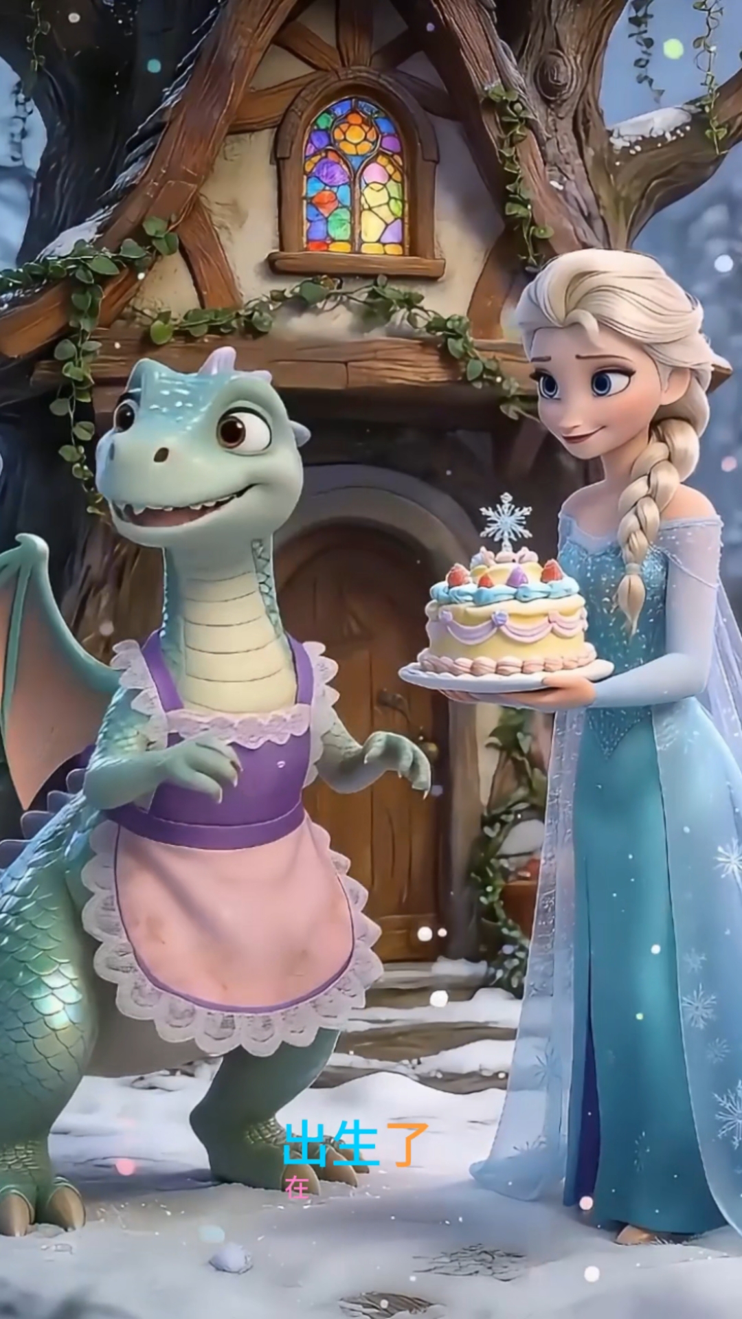 爱莎送蛋糕给小恐龙宝宝