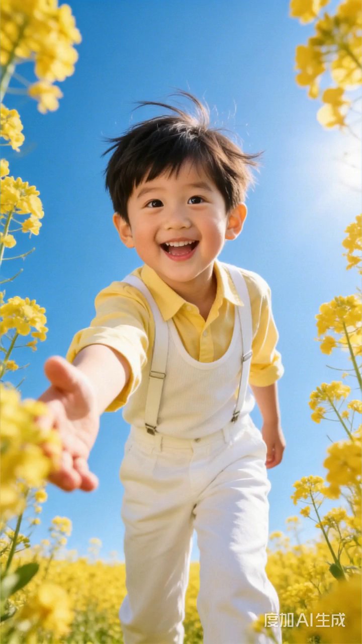 油菜花田里，快乐的小男孩手舞足蹈