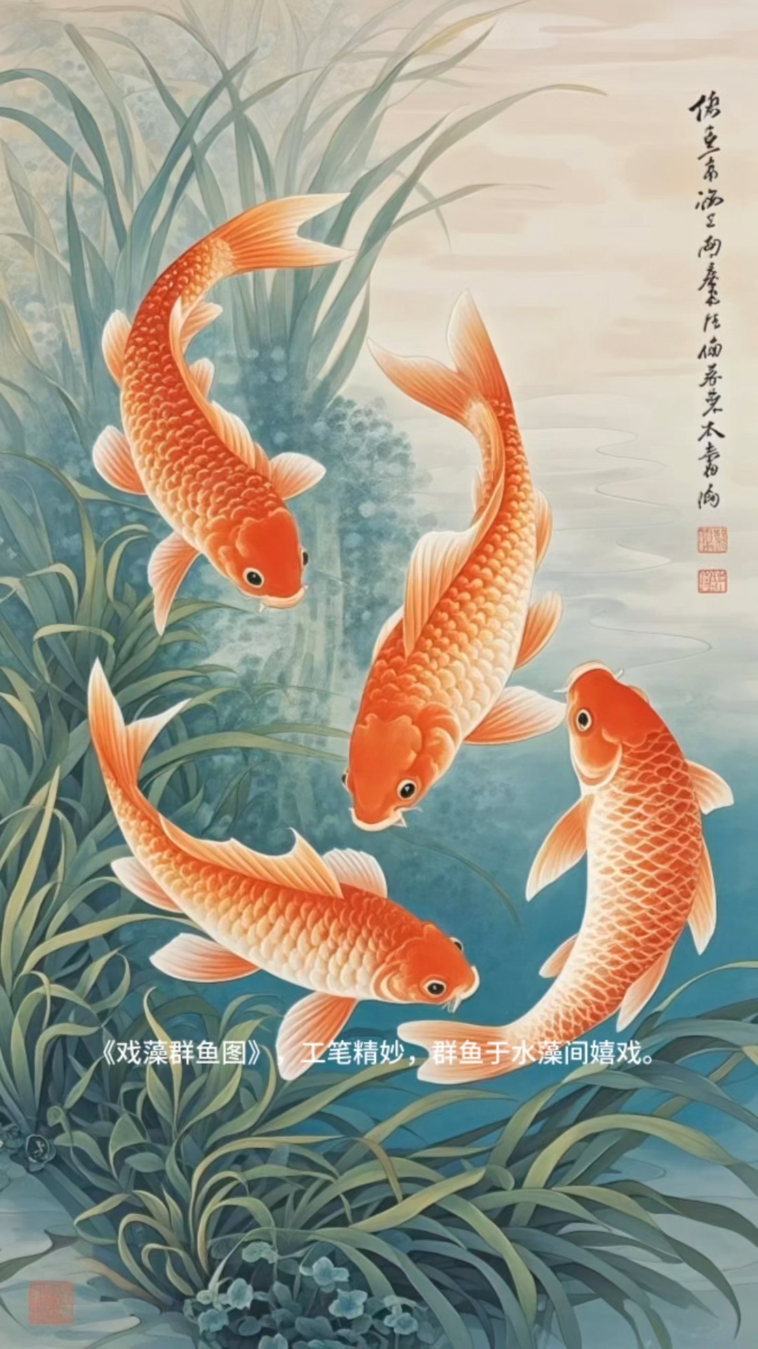 工笔花鸟画《戏藻群鱼图》原创Ai作品