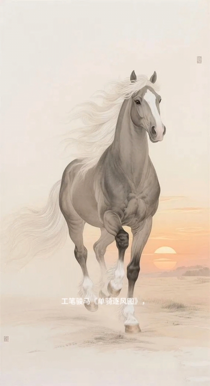 工笔骏马《单骑逐风图》