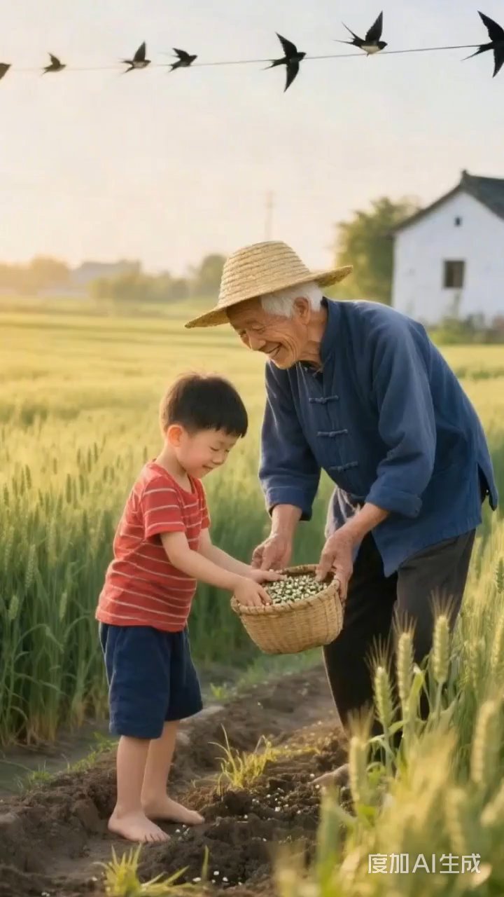 爷爷和孙子种菜的场景真温馨
