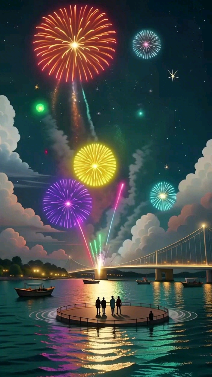 夜幕海边卡通烟花秀