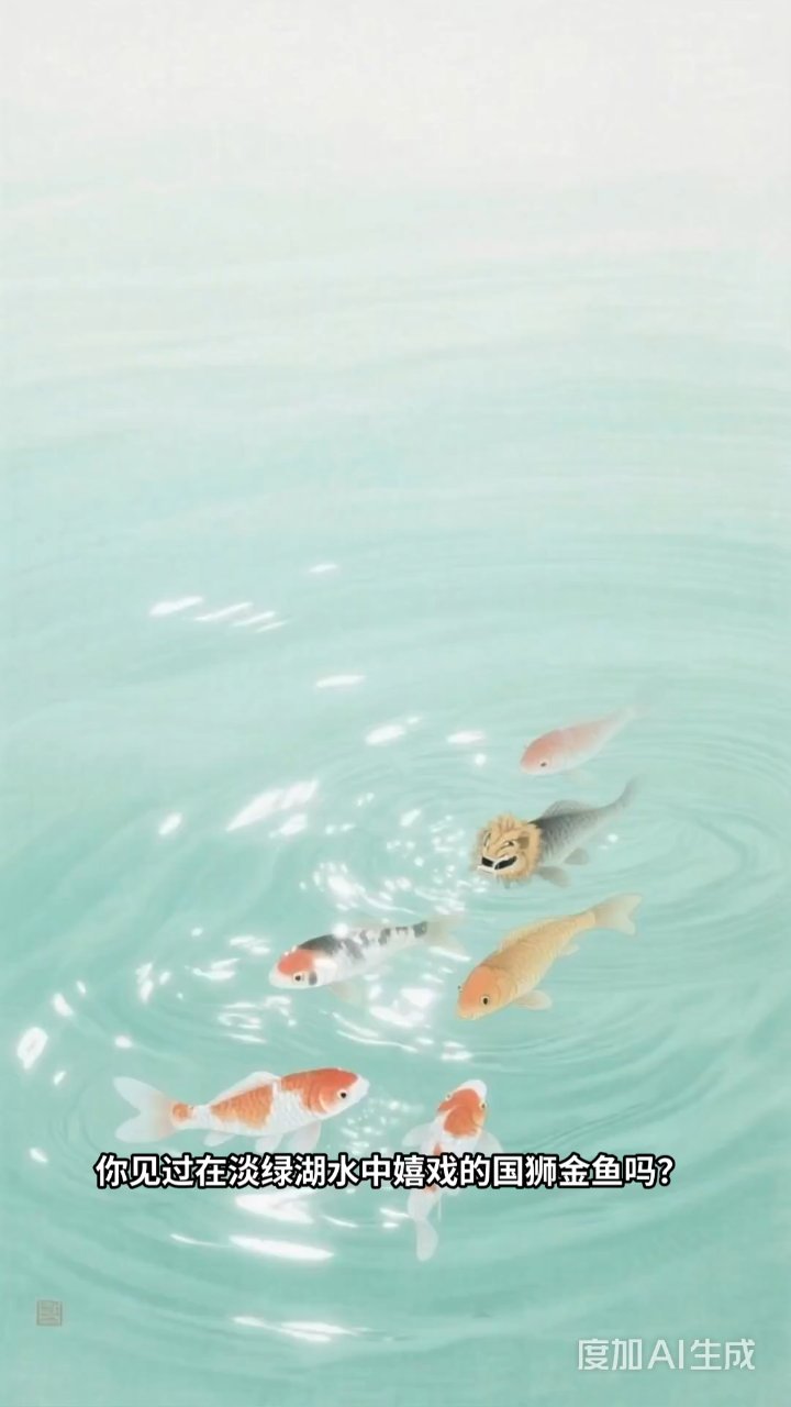 淡绿湖水映国狮金鱼,吉庆有渔绘绝美画卷