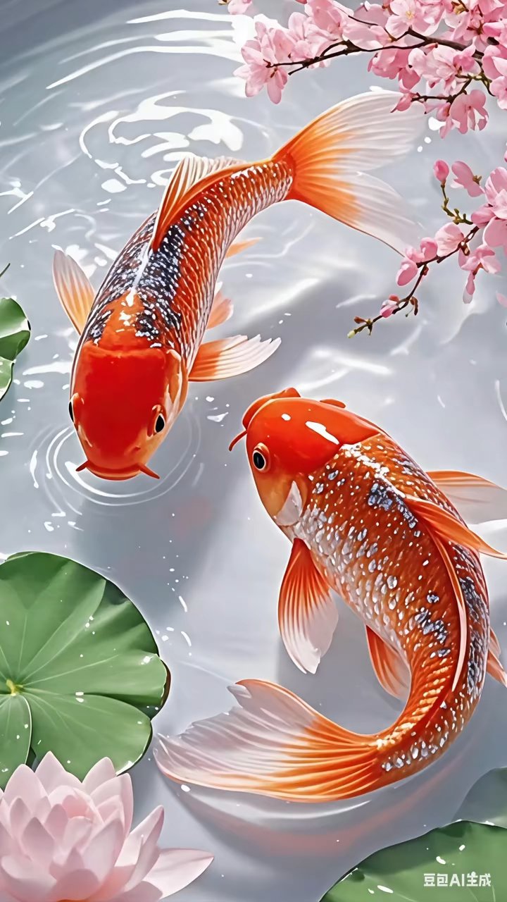 一对红锦鱼在荷花里游玩