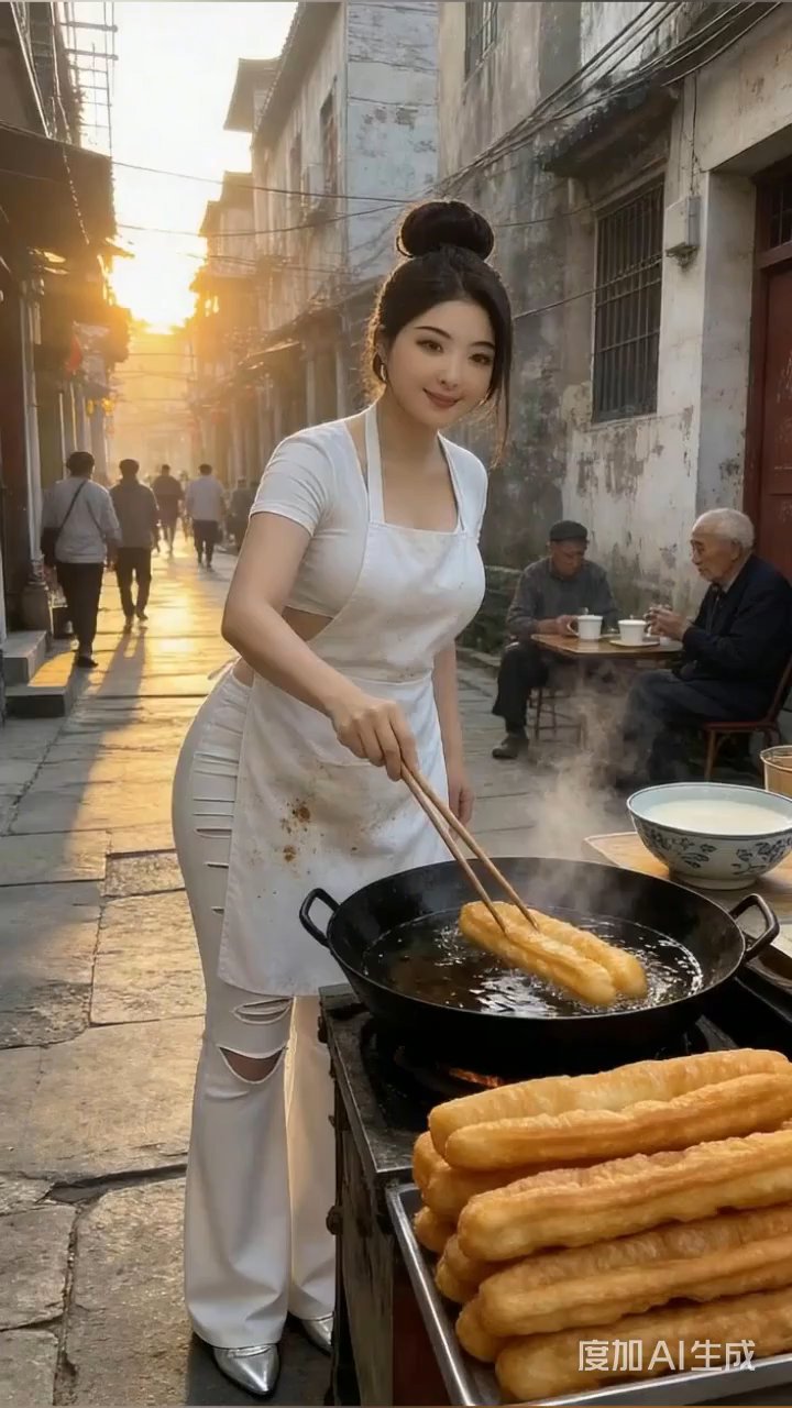 炸油条的美女