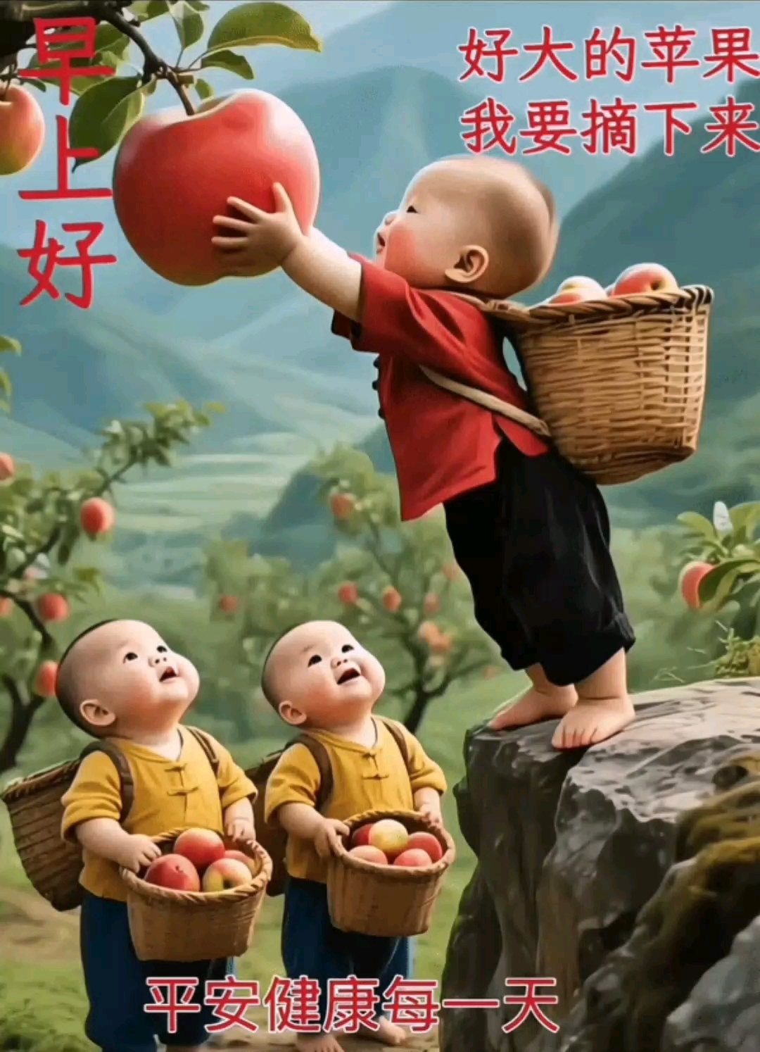 早上好!好大的苹果,我要摘下来送给你,祝你平安健康每一天