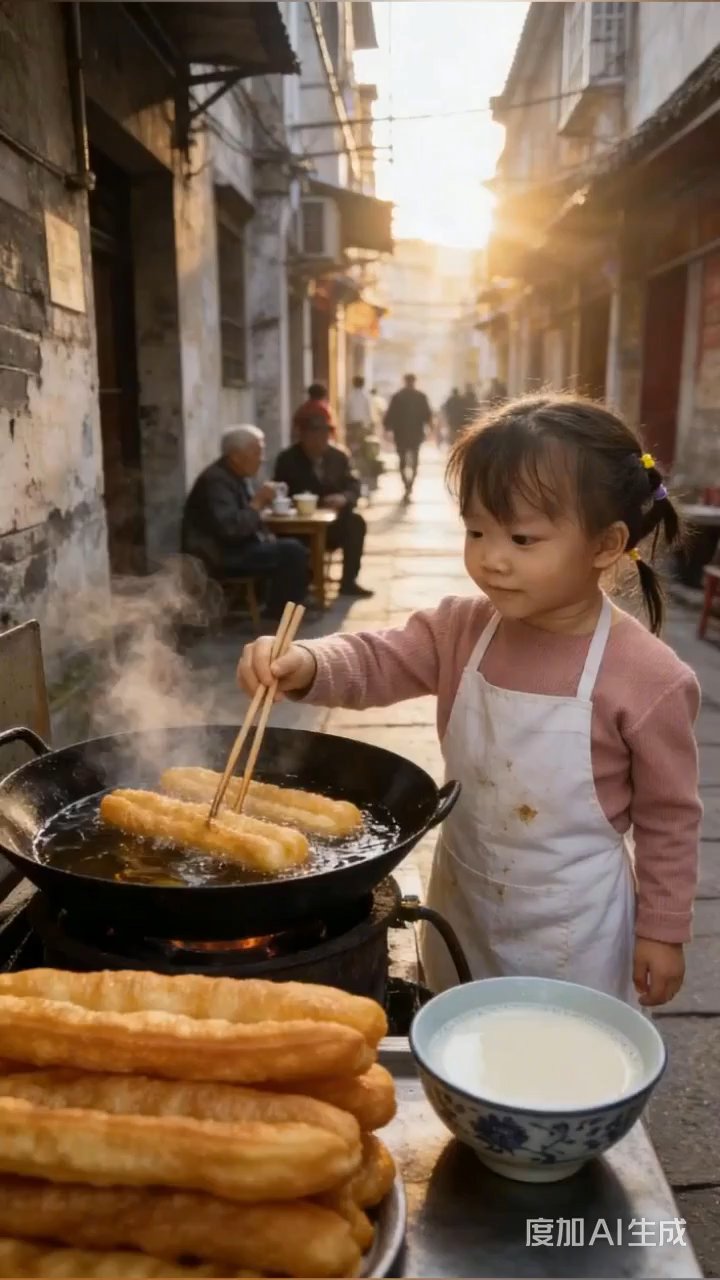 小女孩学习炸油条