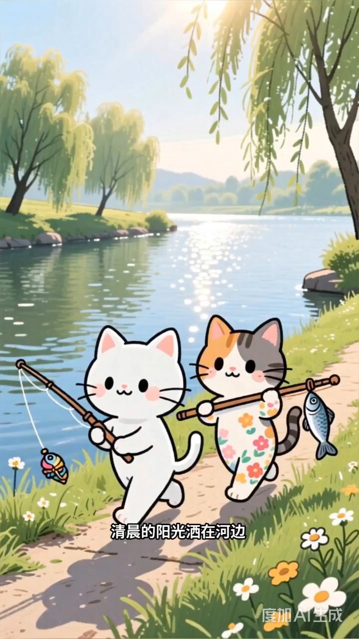 小白猫专注钓鱼满载归,小花猫贪玩空桶悔悟迟
