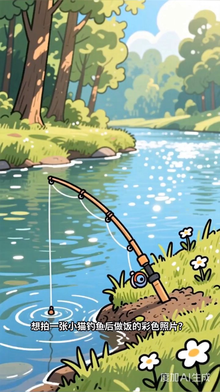 小橘猫河边钓大鱼,彩色厨房烹饪欢乐多