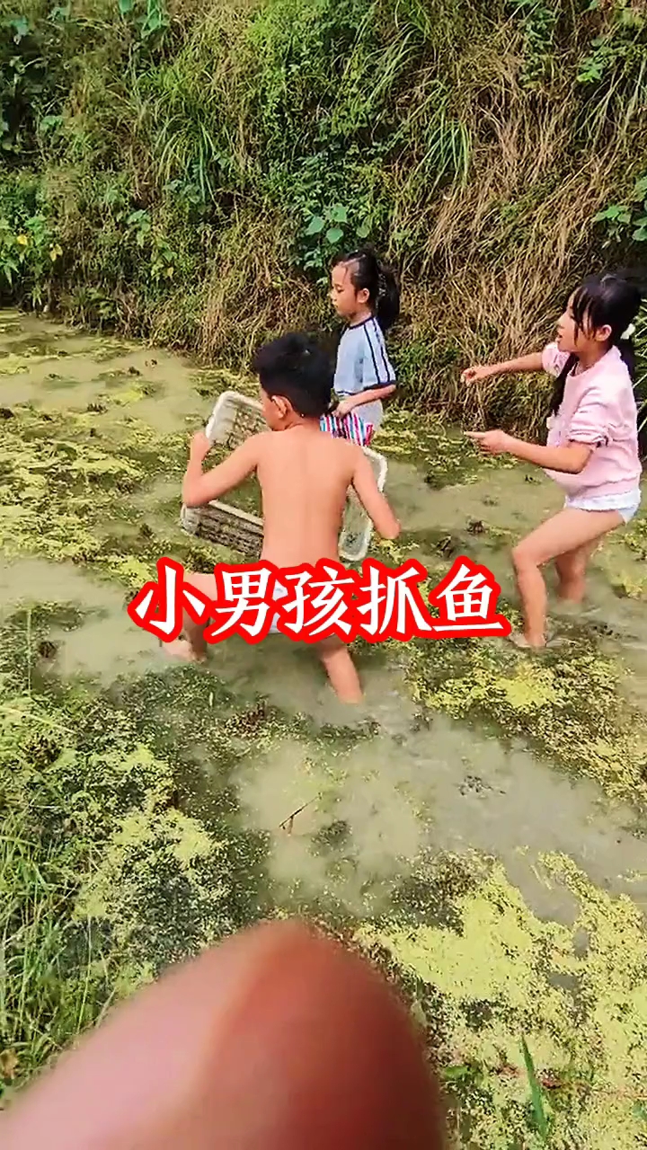 小男孩抓鱼，真厉害