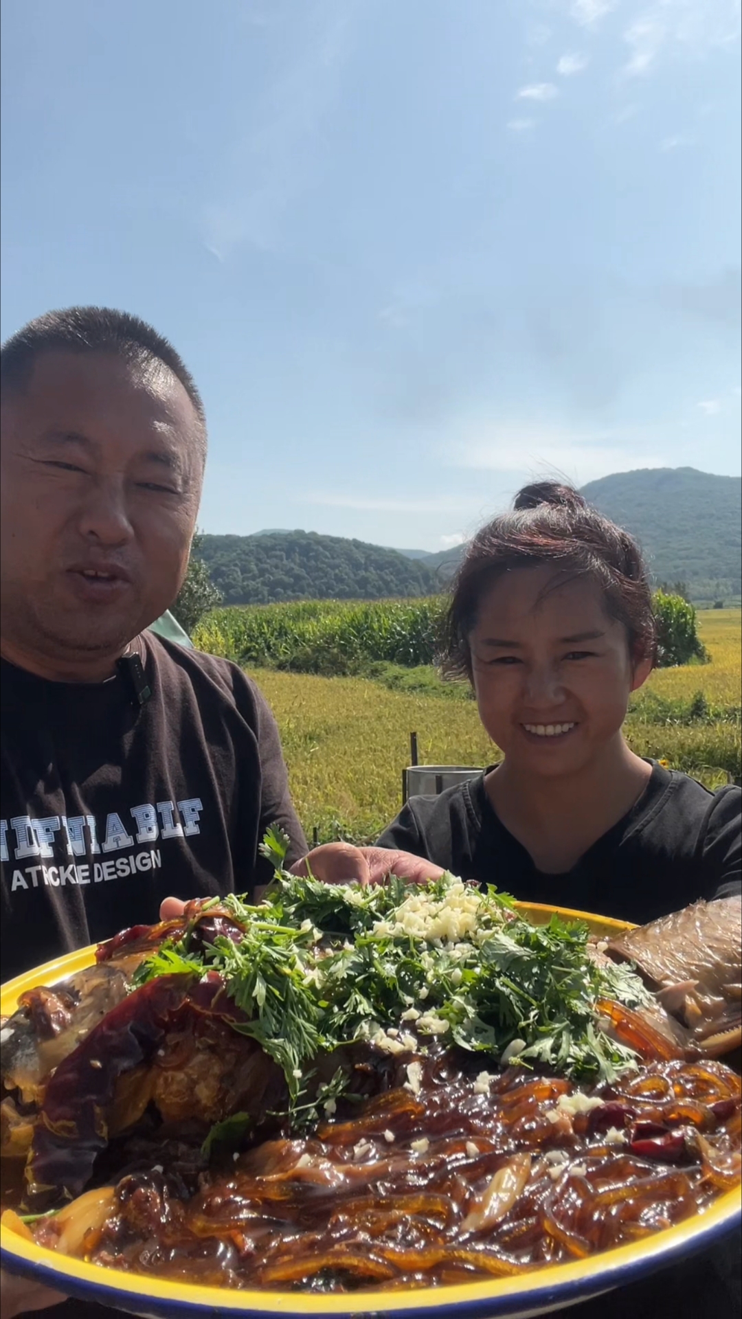 大鲤鱼炖粉条,农村小院柴火大锅,大哥大嫂吃的香,看着馋人