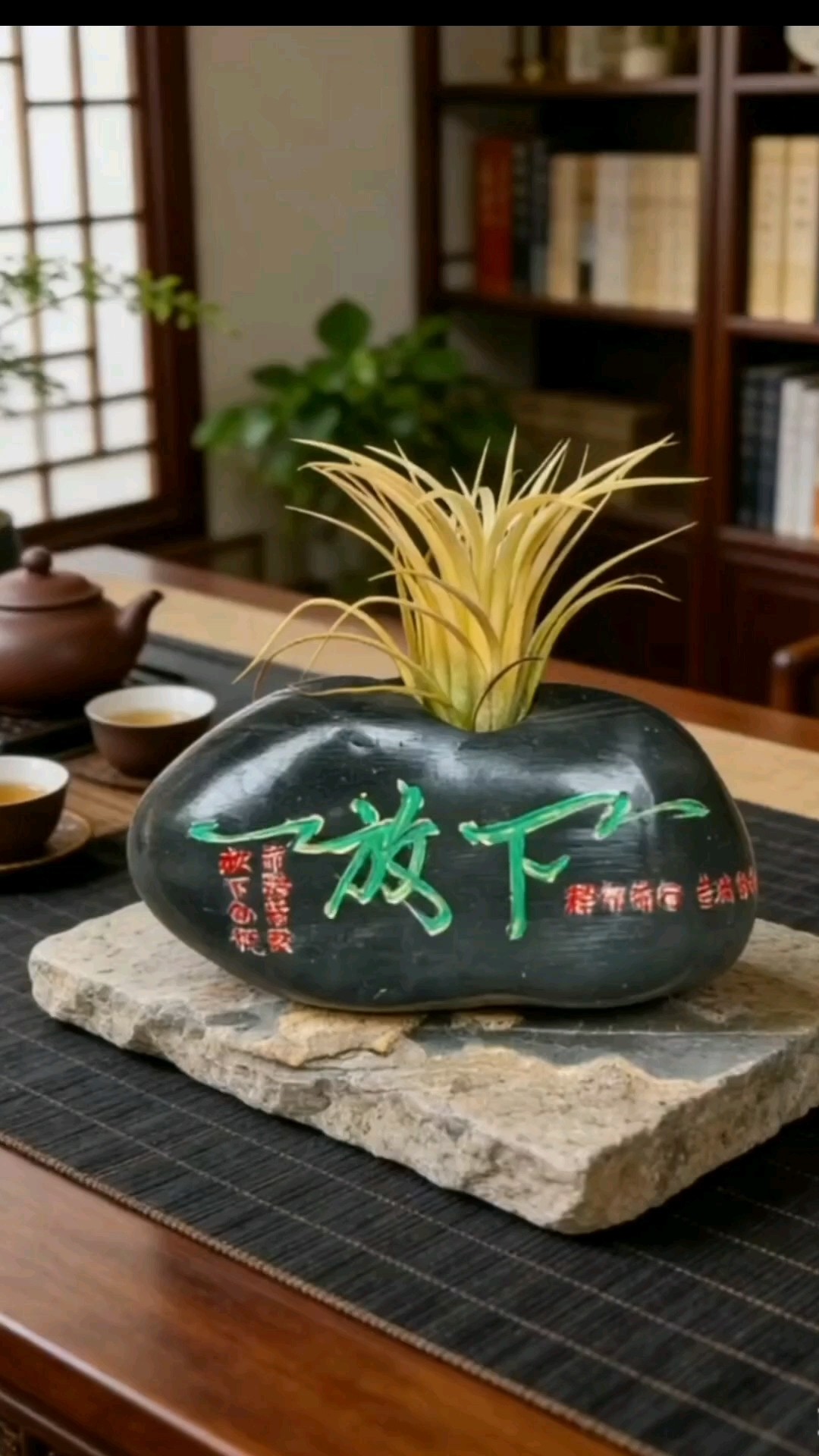 放下:长江鹅卵石花瓶带真花黄精灵绿植#石头画工艺品小摆件