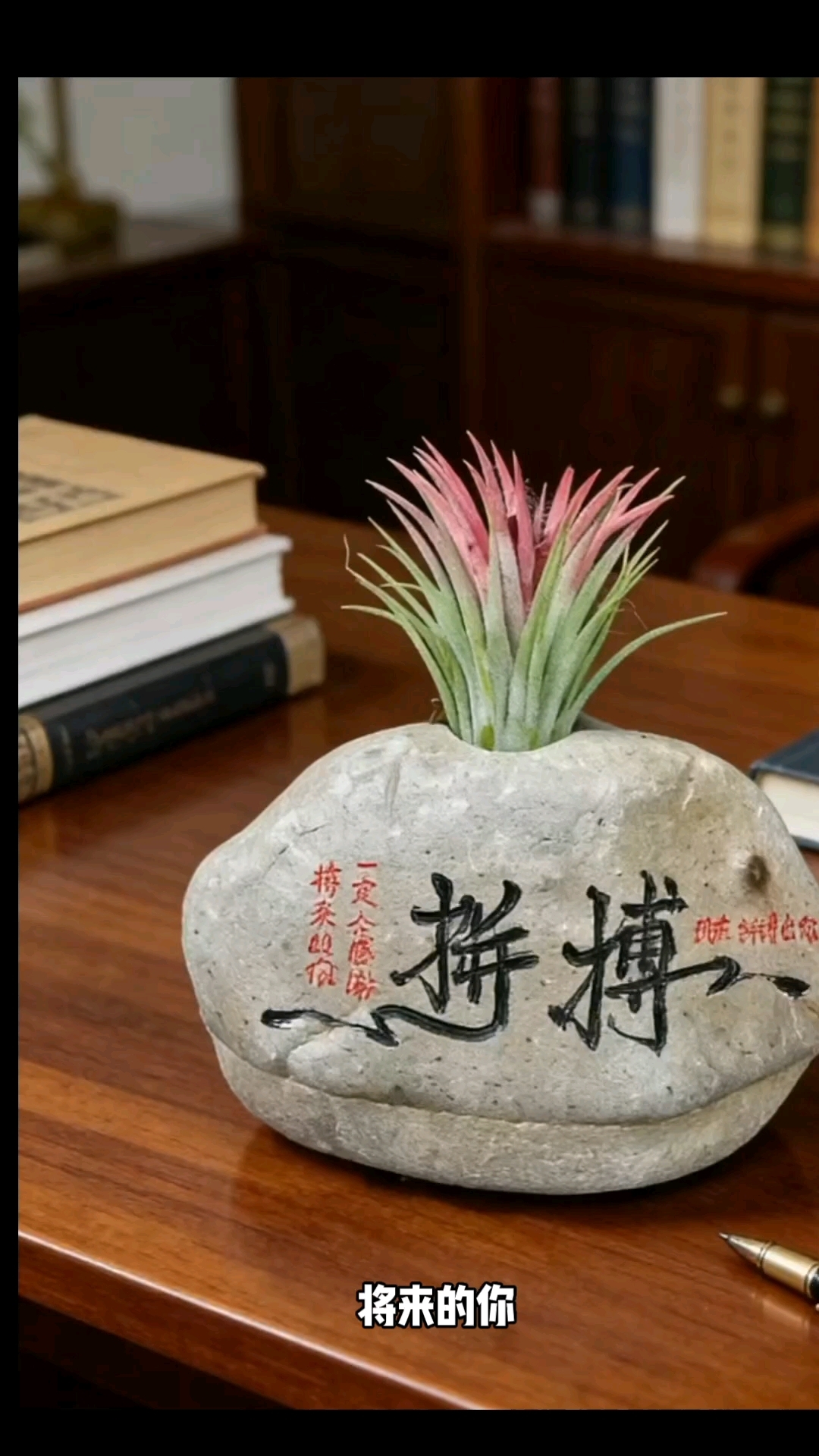 拼搏:长江鹅卵石花瓶带真花红精灵绿植#石头画工艺品小摆件