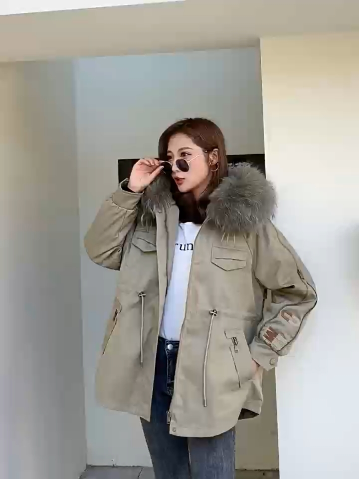 派克服女2023冬季新款獭兔毛内胆可拆卸中长款棉服外套