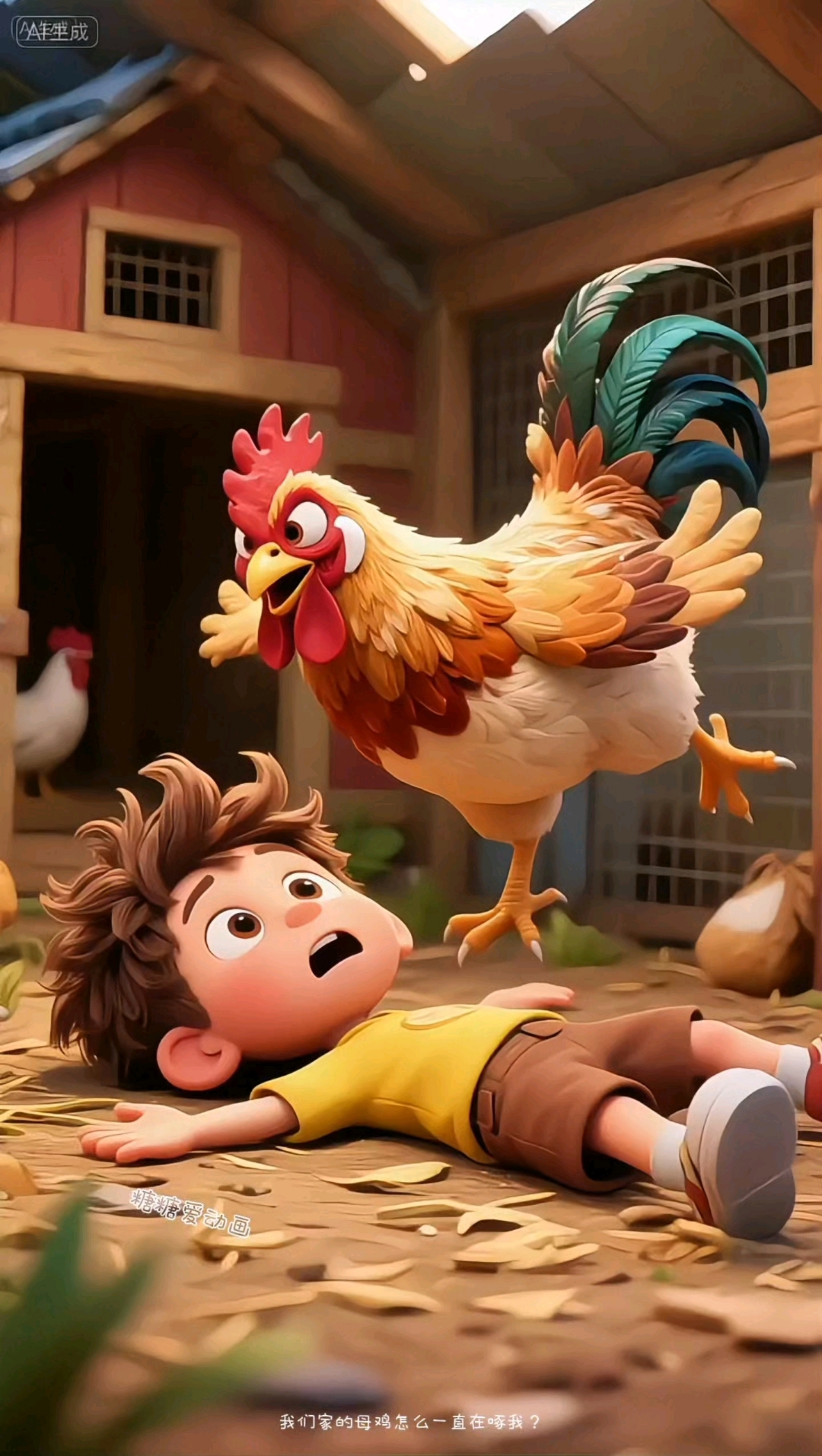 小男孩摔碎了母鸡的鸡蛋