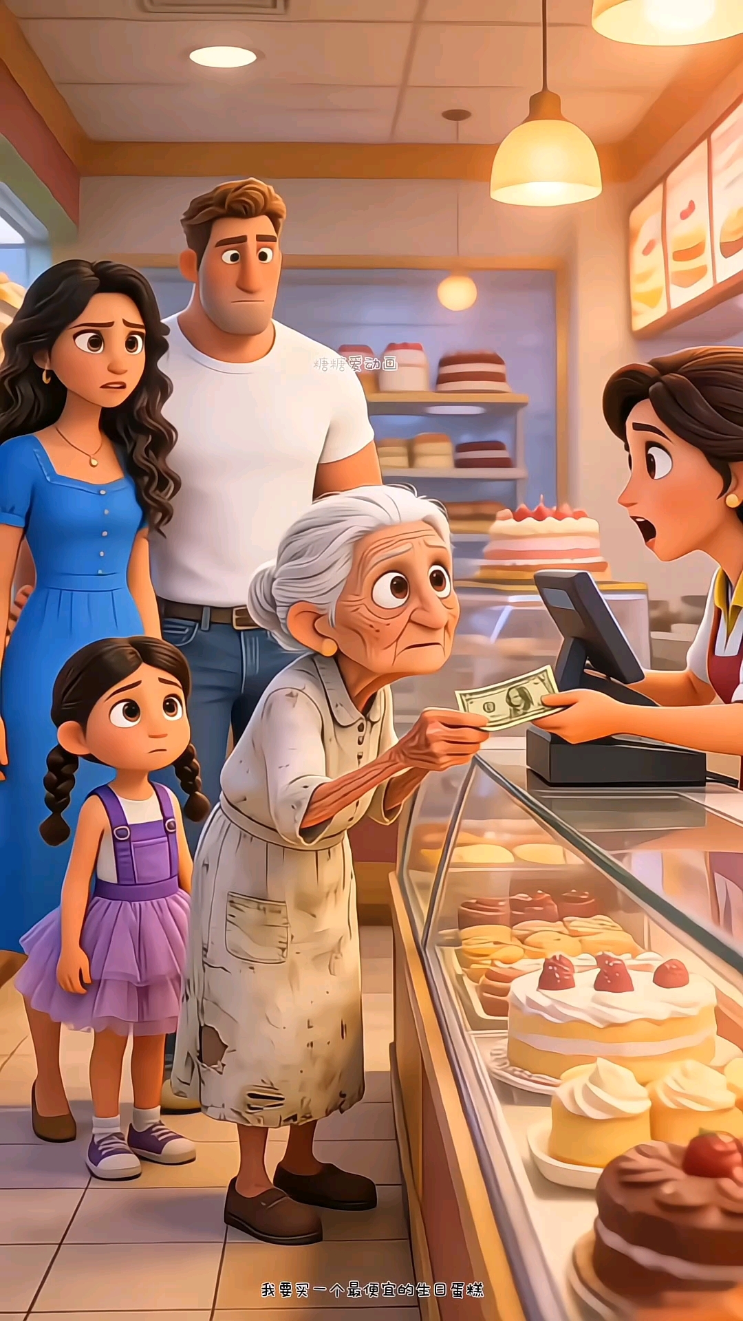 善良的小女孩给弟弟买了一个蛋糕