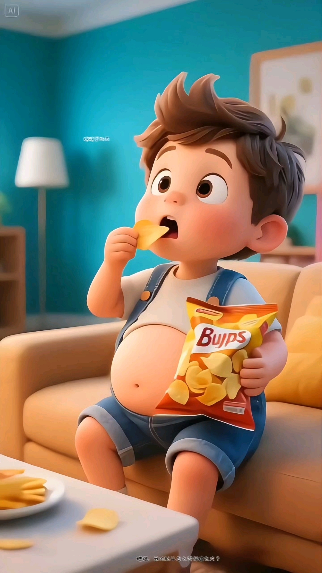 小男孩爱吃薯片