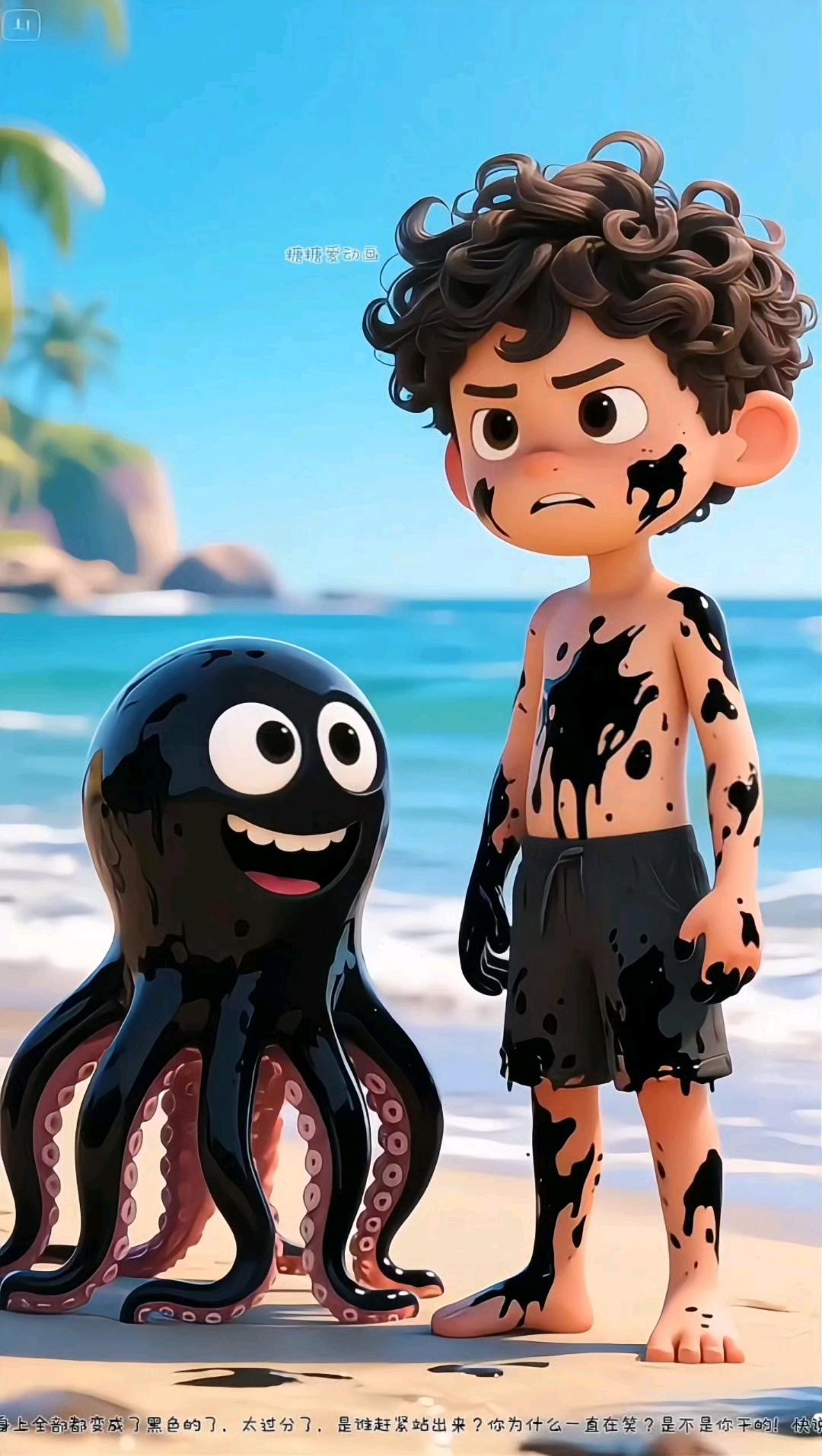 小男孩被章鱼喷了一身的墨汁