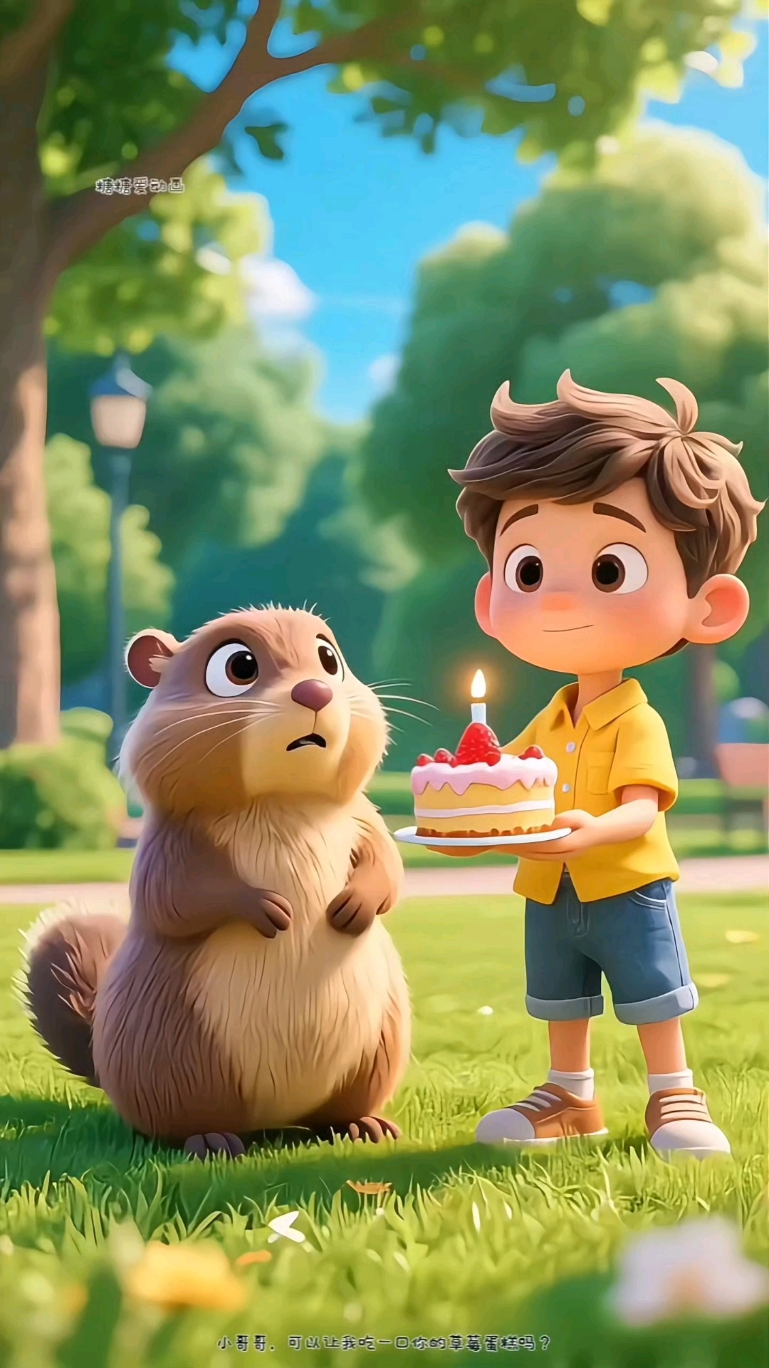 土拨鼠想吃小男孩的蛋糕