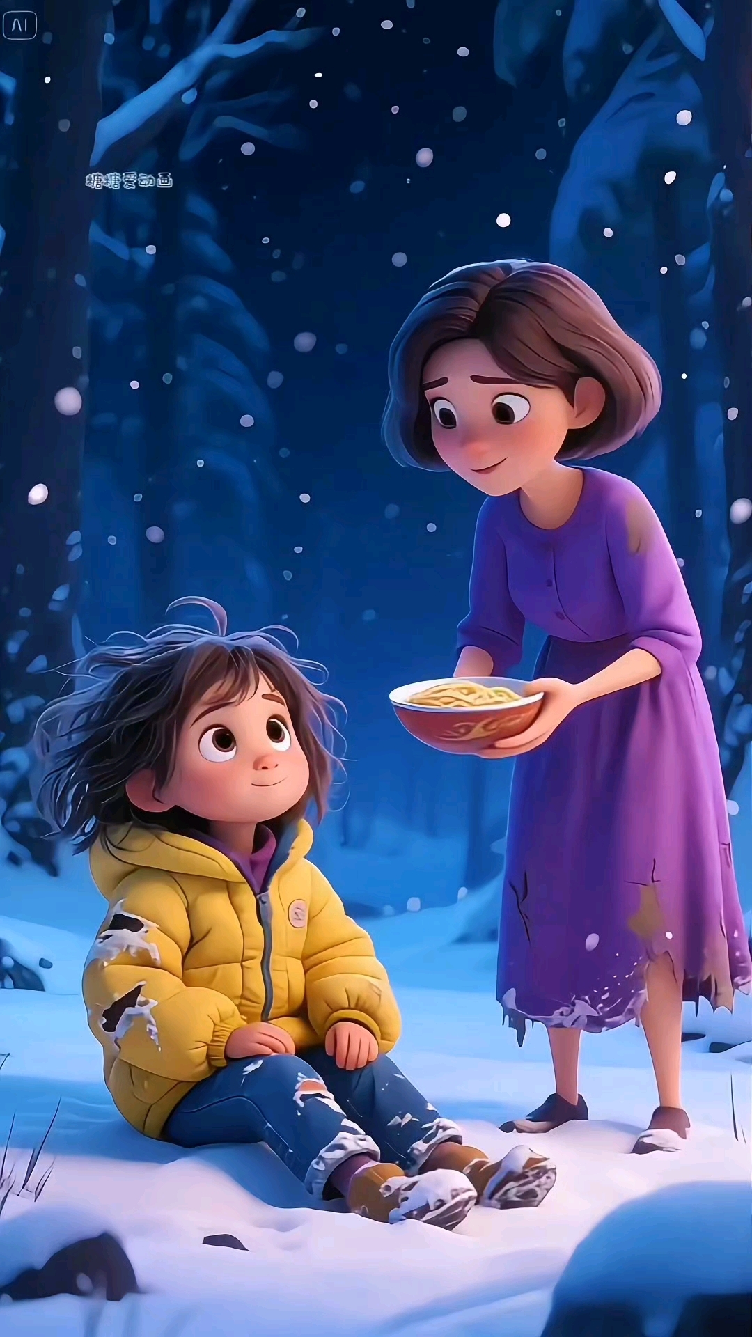 妈妈给小女孩面条吃