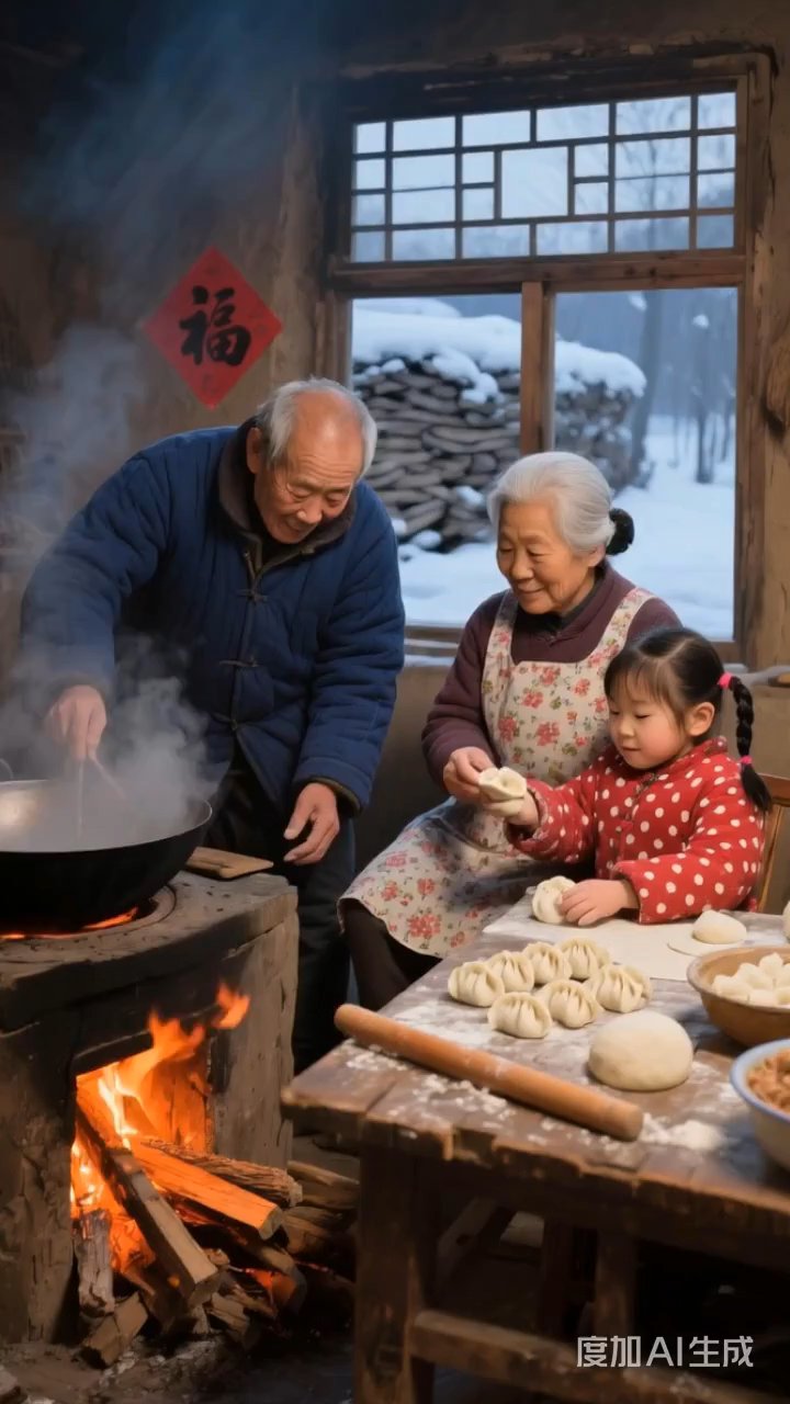 爷爷奶奶和孙女儿一起做肉包子