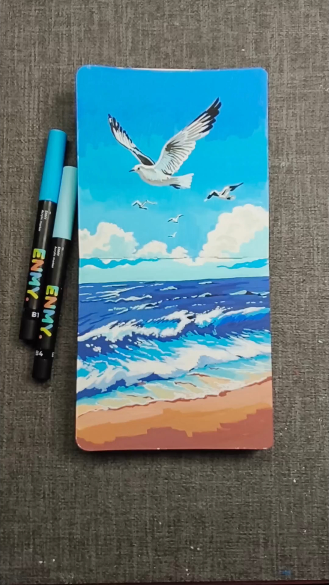 丙烯马克笔画个海鸥在云朵上飞翔的浪漫 #丙烯马克笔绘画# #治愈系海边风景# #创意绘画教