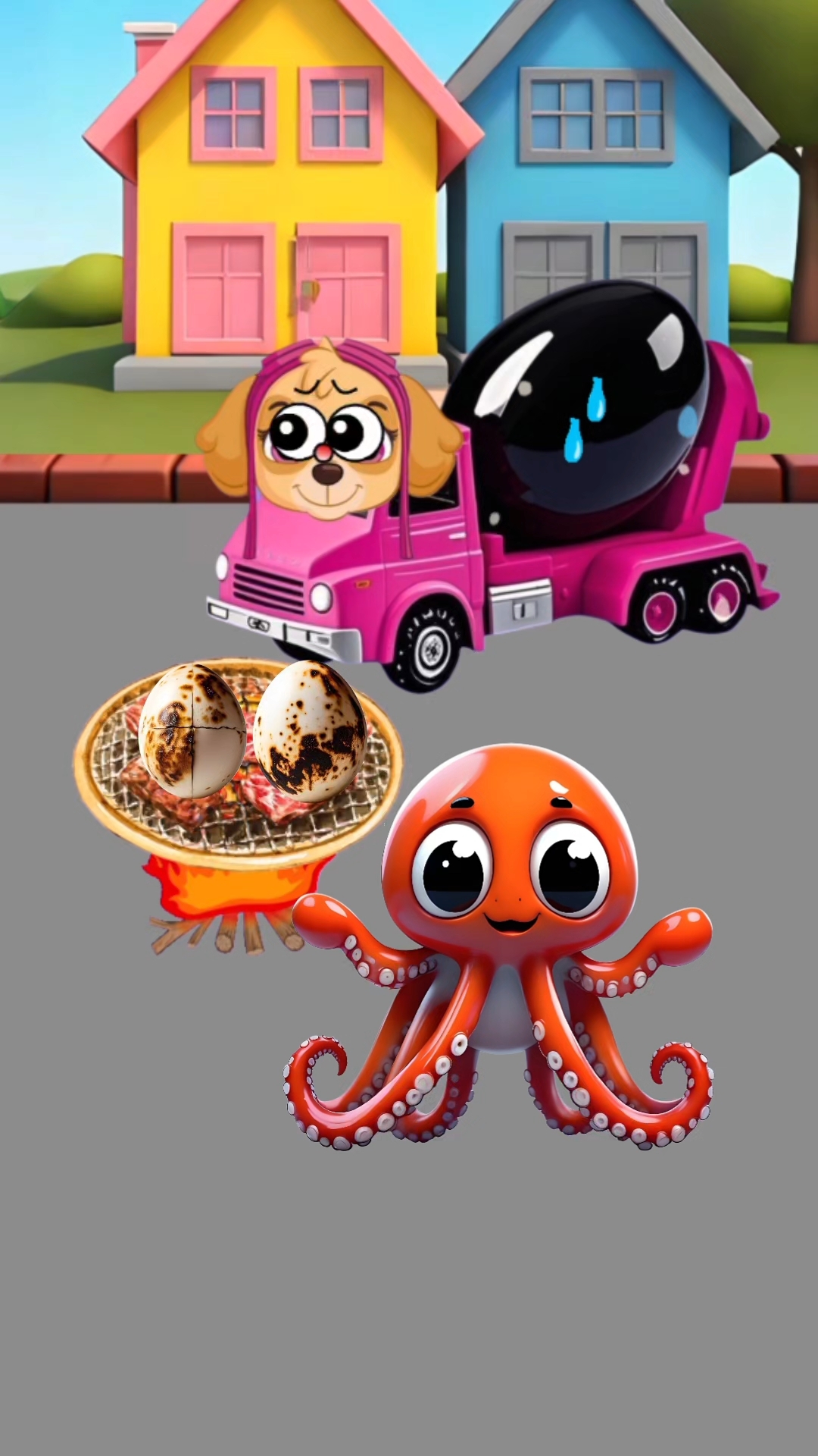 大墨鱼欺负工程车搅拌车被小炮车烘烤,启蒙早教儿童益智动画