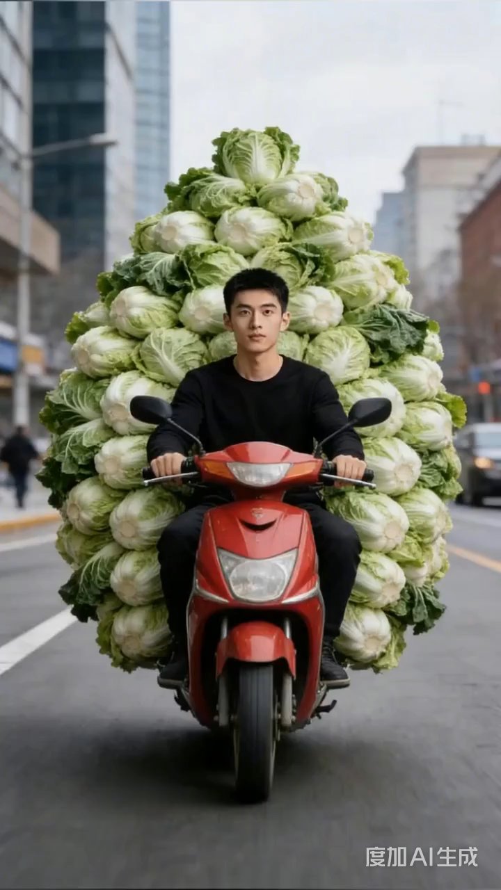 城市中,载着大白菜的红色摩托