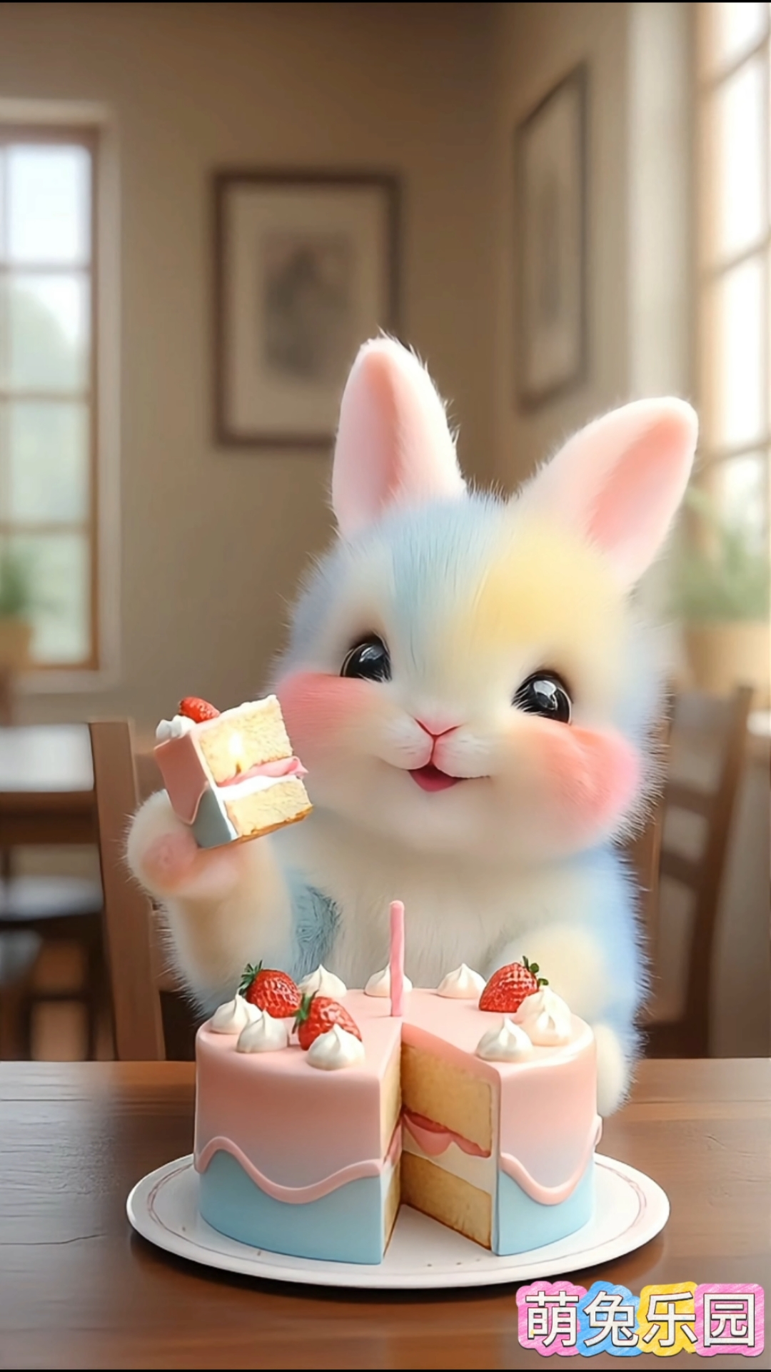 可爱的彩虹小兔兔过生日啦，还邀请你一起吃蛋糕呢！
