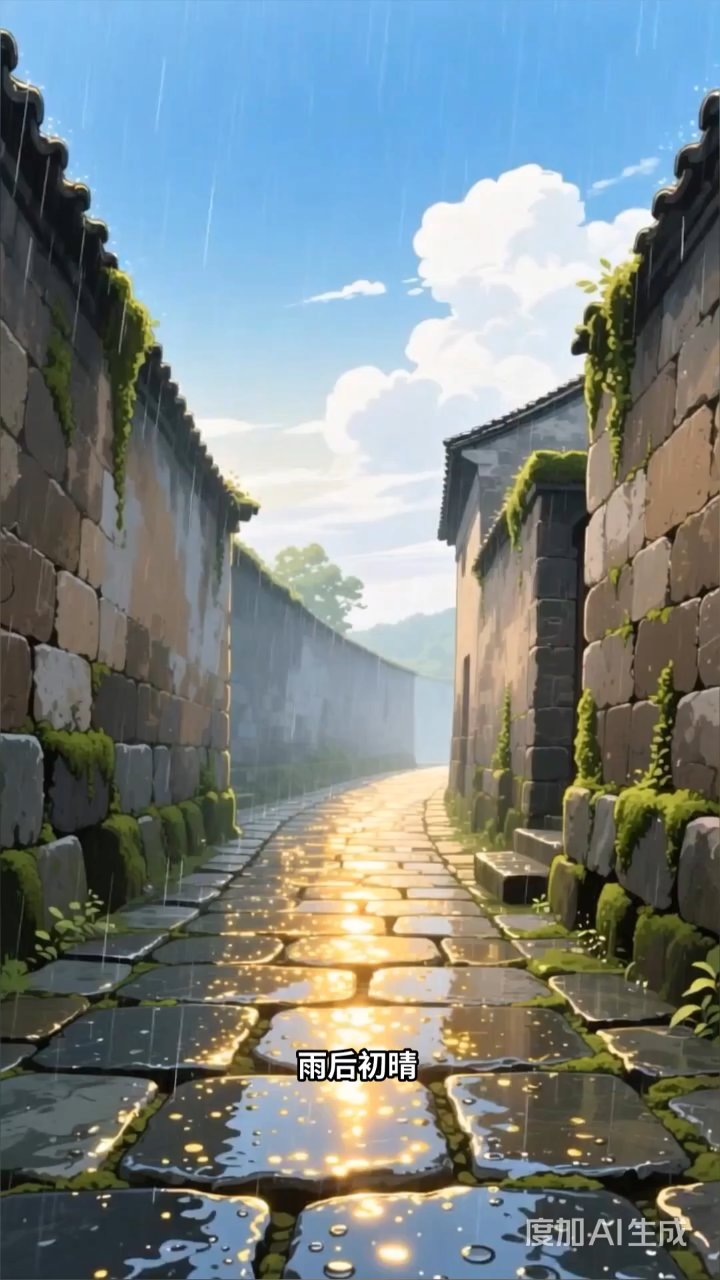雨后小巷三人行,红裙摇曳映花香