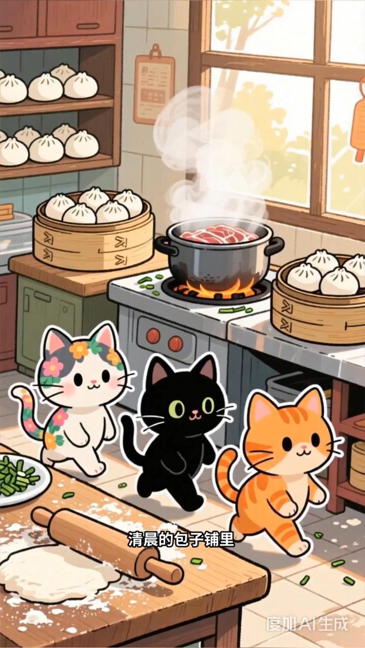 三只小猫开包子铺,清晨的蒸笼飘出幸福香