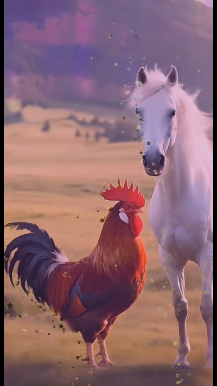 鸡鸣马蹄,自然和谐,宁静祥和,壮马雄鸡,各有千秋