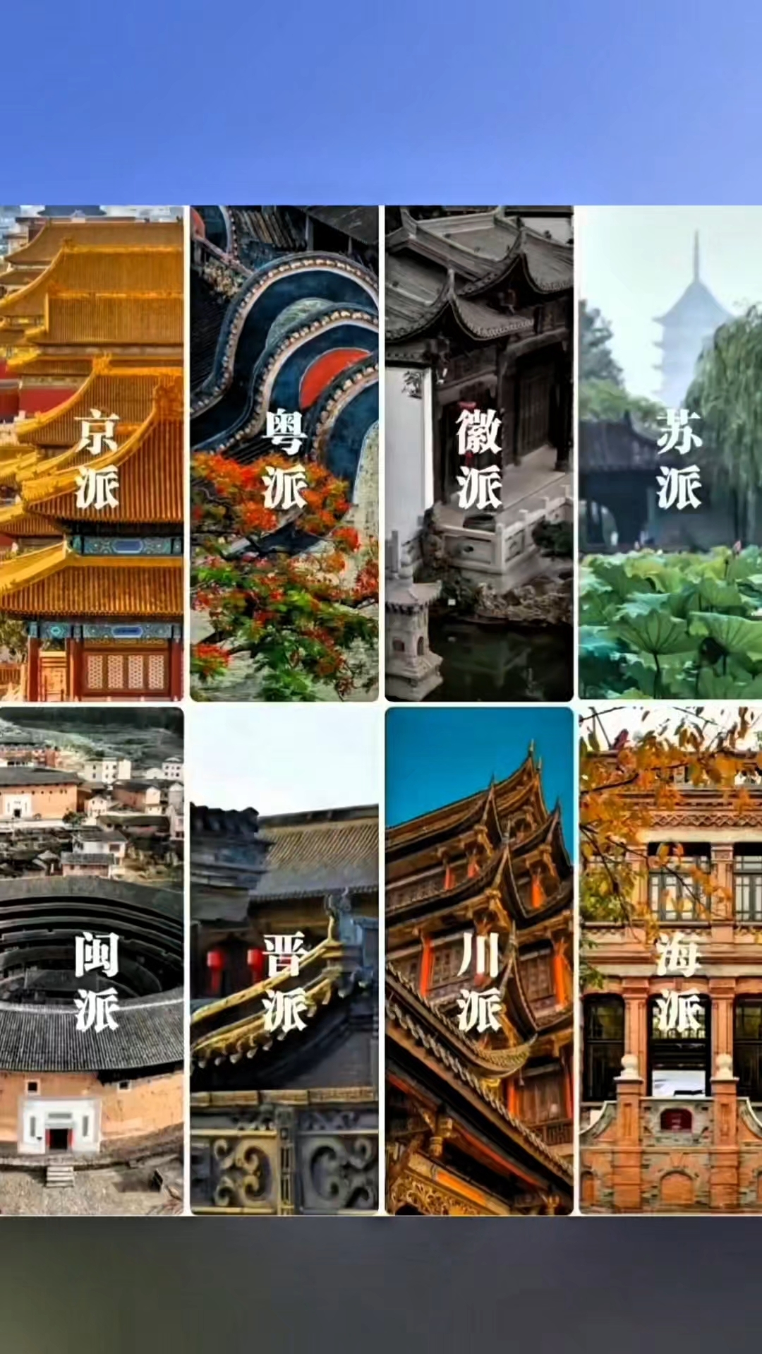 中国传统建筑分为八大派系:京派、苏派、徽派、晋派、川派、闽派