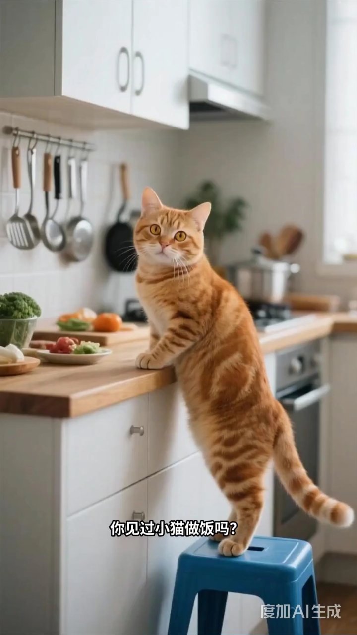 小猫学做饭萌翻全场，笨拙炒菜竟成功出锅