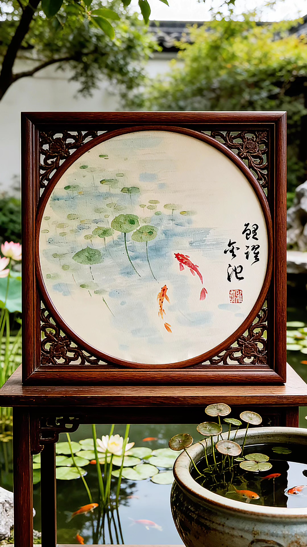 鲤跃金池,锦鲤穿钱摇碧叶,一泓清浅纳祥光