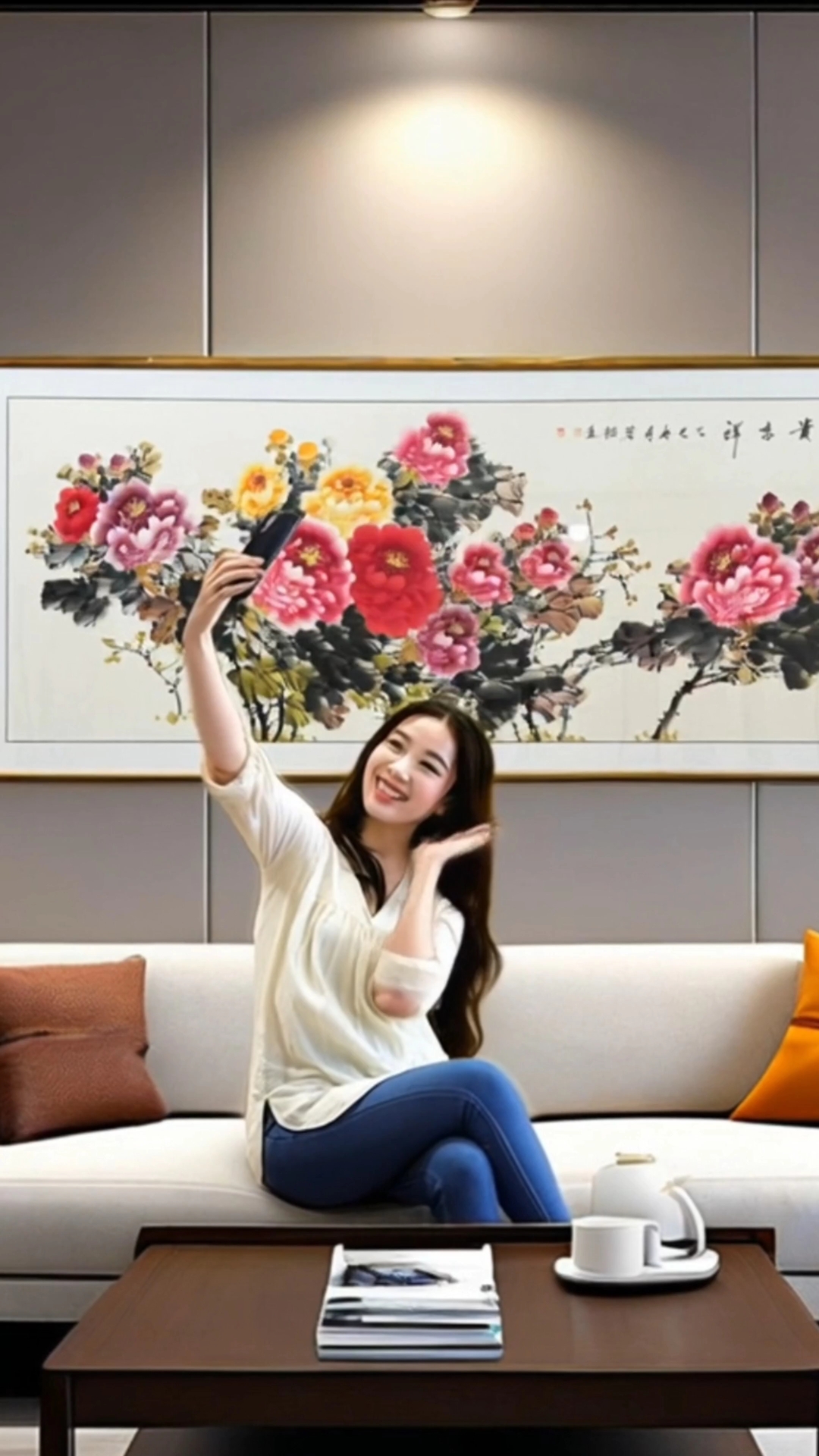 4.沙发墙挂画,这幅牡丹画绝了!