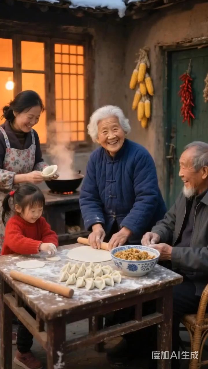 家人围着桌子包饺子的场景