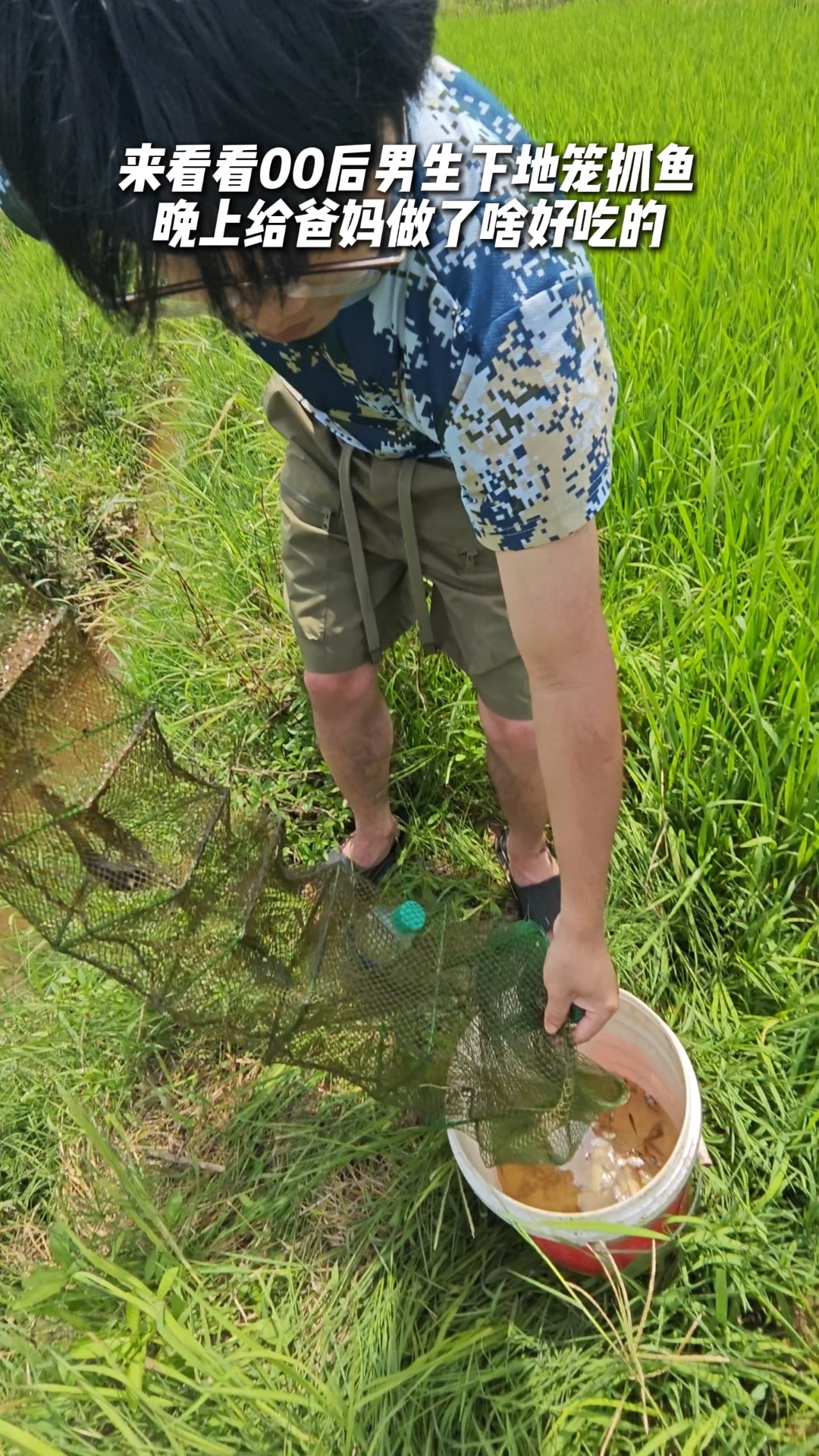 00后男生下地笼抓鱼给爸妈做了啥好吃的