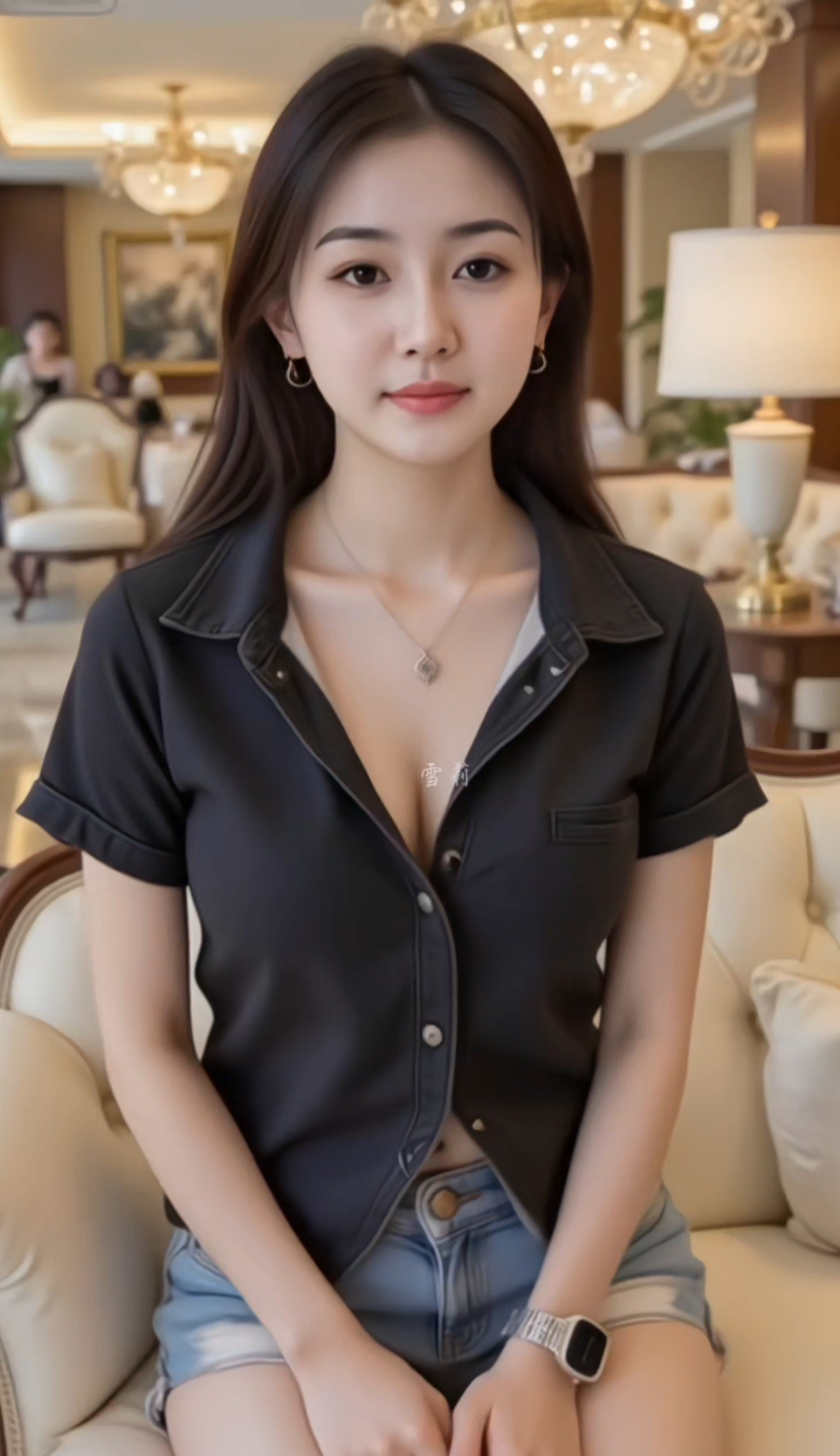 牛仔装女子在酒店大堂沙发上优雅扭动,尽显魅力