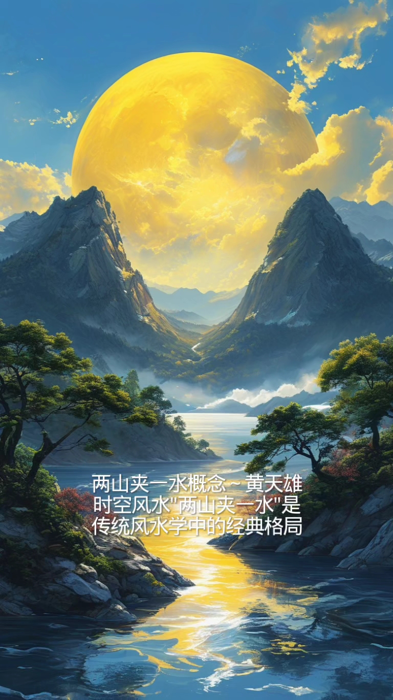 两山夹一水概念～黄天雄时空风水#山水画意境##月夜山水##诗意栖居#