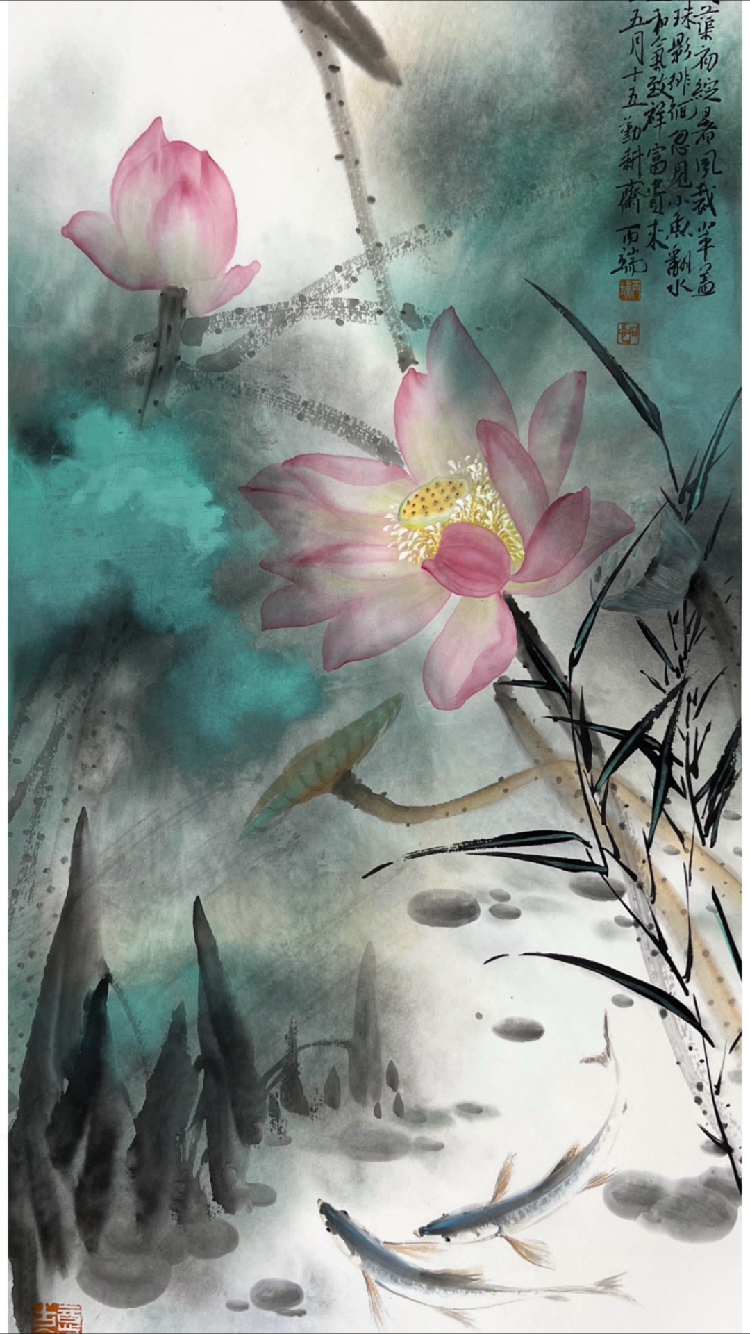 泼彩荷花小鱼可以这样画,学会可以举一反三用在其他题材