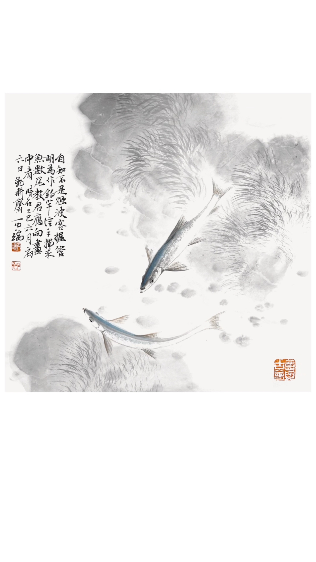 画小鱼,早上散步的时候,见河里一群群的小鱼都贴着水面游,很美