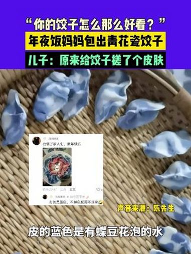 1月28日(发布)江苏,“你的饺子怎么那么好看?”年夜饭妈妈包出青花瓷饺子,儿子:原来给饺