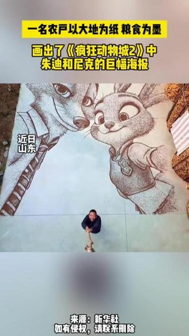 近日,在山东滨州,一名农户以大地为纸、粮食为墨,画出了《疯狂动物城2》中朱迪和尼克的巨幅海