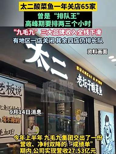 太二酸菜鱼一年关店65家,曾是“排队王”,高峰期要排两三个小时,有地区一店关闭,其余四店仍