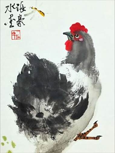 国画母鸡追蜂 一笔水墨画鸡 上热门 国画 花鸟画 画鸡 画画