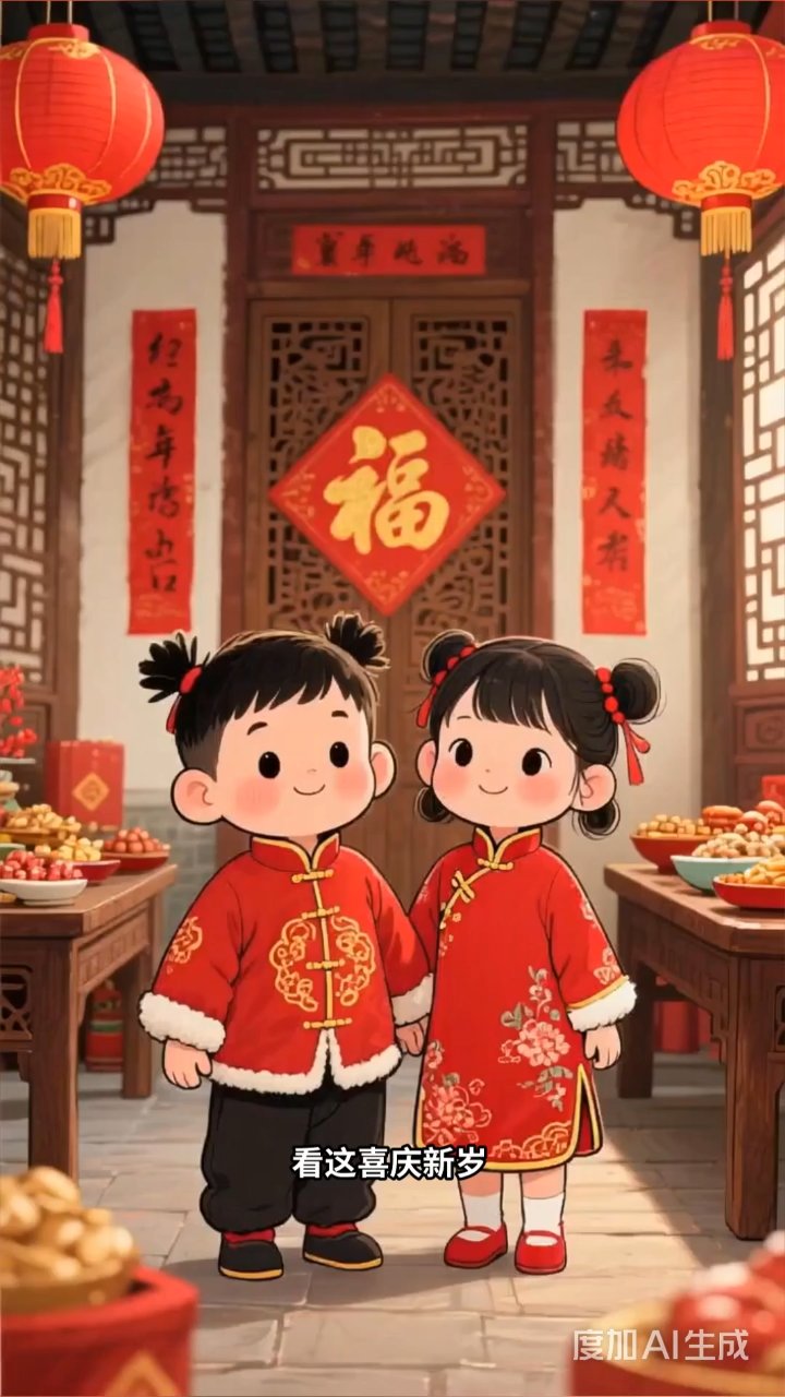 金童玉女贺新春,红装元宝锦鲤送福来